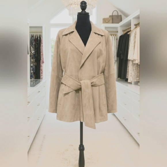 Vintage Tan Suede Y2K Belted Swing Car Barn Open Front Pockets Relax Fit Jacket - Picture 1 of 7